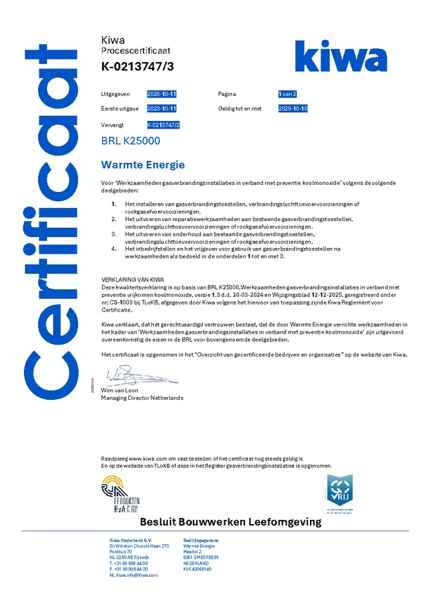Kiwa-procescertificaat K-0213747 van Warmte Energie (BRL K25000)